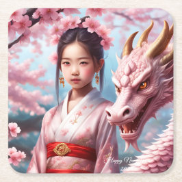 Jahr des Drachen 2024 - Mädchen zwischen Kirschblü Rechteckiger Pappuntersetzer