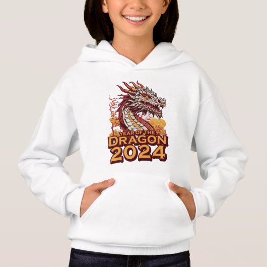 Jahr des Drachen 2024 Mädchen's White Hoody, Drago Hoodie (Vorderseite)