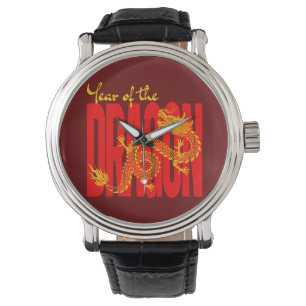 Jahr des Drachen Rot Gold Armbanduhr