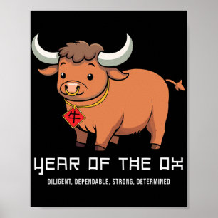 Jahr des Ochsen Niedlich Kawaii Chinesischer Zodia Poster