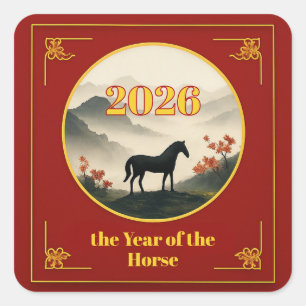 Jahr des Pferdes 2026 Chinesisches Neujahr Berg  Quadratischer Aufkleber