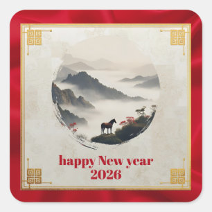 Jahr des Pferdes 2026 Chinesisches Neujahr Berg  Quadratischer Aufkleber