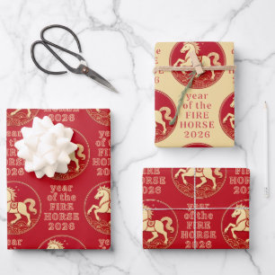 Jahr des Pferdes 2026 Chinesisches Neujahr  Geschenkpapier Set