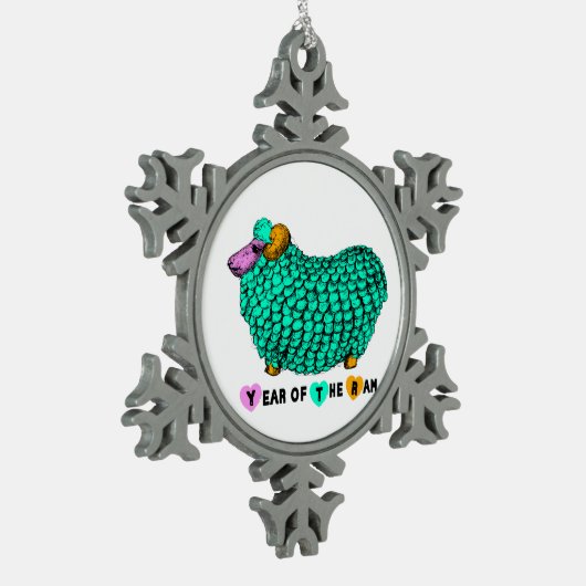 Jahr des Rammes - Sonnenbrand in Grün Schneeflocken Zinn-Ornament (Links)