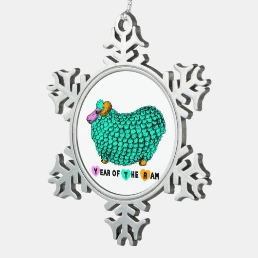 Jahr des Rammes - Sonnenbrand in Grün Schneeflocken Zinn-Ornament (Rechts)