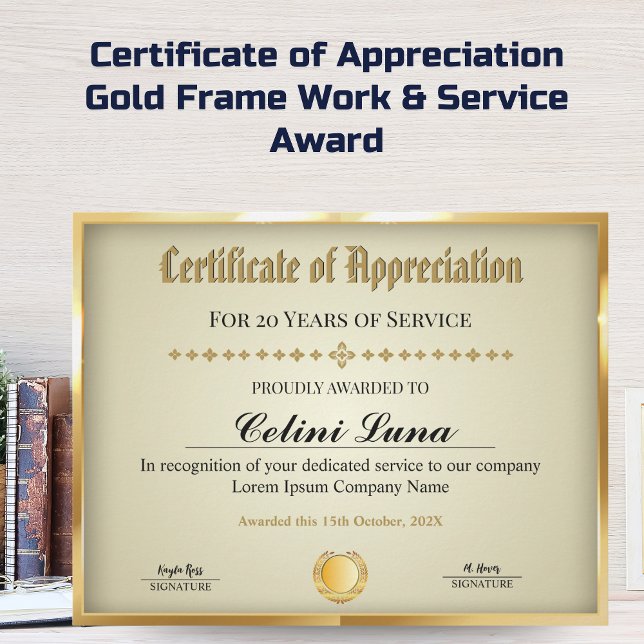 Jahre des Service Certificate - Beruflich Gold (Certificate of Appreciation - Gold Frame Work & Service Award)