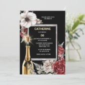 JAHRE rote Rose Schaumwein Eleganter Blumen Einladung (Stehend Vorderseite)