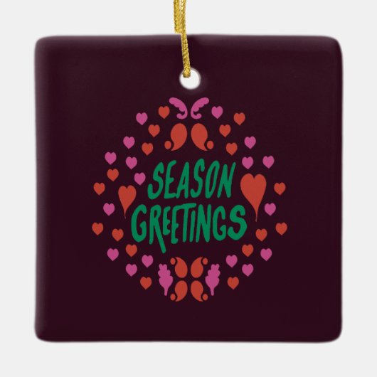 Jahresgrüße in grüner Handschrift mit Herzen Keramikornament (Vorderseite)