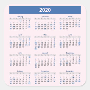 Jahreskalender 2020 in Pink Quadratischer Aufkleber