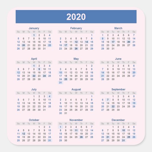 Jahreskalender 2020 in Pink Quadratischer Aufkleber (Vorderseite)