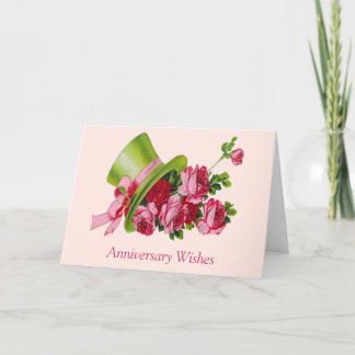 Jahrestagswünsche, Spitzenhut und Blumen Karte