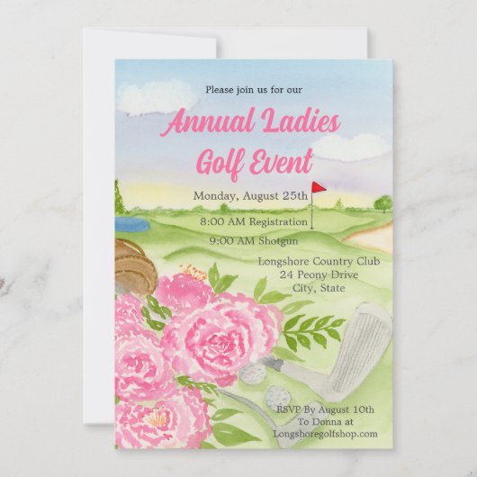 Jährliche Golf Outing Party Peonies auf Golfplatz Einladung (Vorderseite)