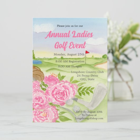 Jährliche Golf Outing Party Peonies auf Golfplatz Einladung (Stehend Vorderseite)