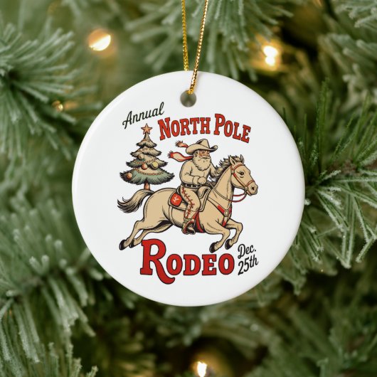 Jährlicher Nordpol Rodeo 25. Dezember Cowboy Santa Keramik Ornament (Baum)
