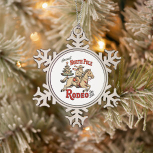 Jährliches North Pole Rodeo 25. Dez. Cowboy Santa  Schneeflocken Zinn-Ornament