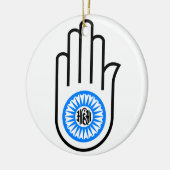Jainismus-Symbol-Hand und Rad lesenAhimsa Keramikornament (Links)