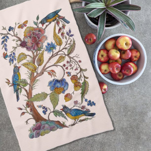 Jakobinisches Rosa-Blüten-Vogel-Volksgut-Vintage Geschirrtuch