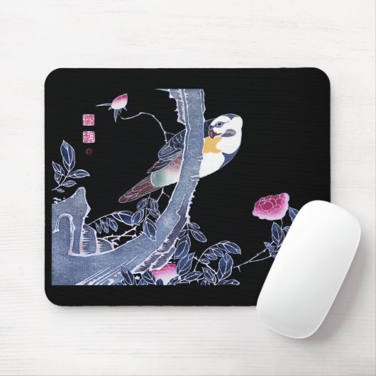 Jakuchu,"Papagei am Zweig einer blühenden Rose" Mousepad (Mit Mouse)