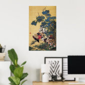 Jakuchu, Rooster und Hen mit Hydrangeas Poster (Heimbüro)