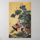 Jakuchu, Rooster und Hen mit Hydrangeas Poster (Vorne)