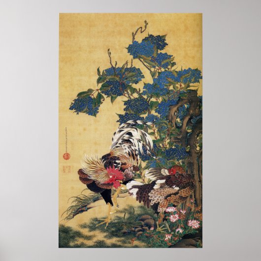 Jakuchu, Rooster und Hen mit Hydrangeas Poster (Vorne)