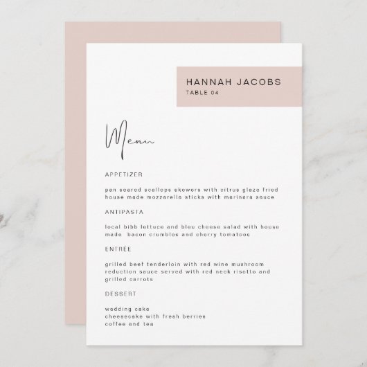 JALAINE Modern Blush Guest Name Dinner Menü Menükarte (Vorne/Hinten)