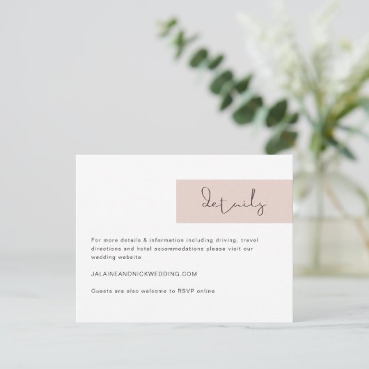 JALAINE Modern Blush Pink Wedding Details Card Einladung (Stehend Vorderseite)