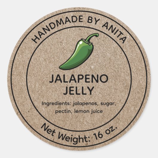 Jalapeno Jelly Canning Jar Label Kraft Paper Style Runder Aufkleber (Vorderseite)