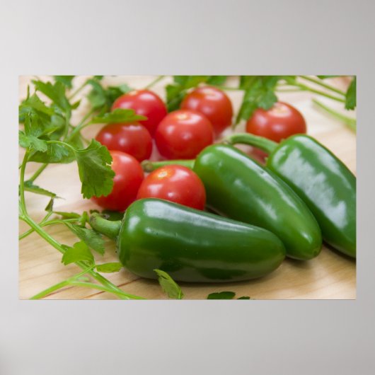 Jalapenos, Kirschtomaten und Cilantro, frisch Poster (Vorne)