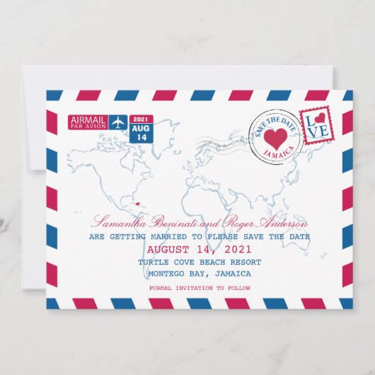 Jamaica AirMail Wedding Save the Date Einladung (Vorderseite)