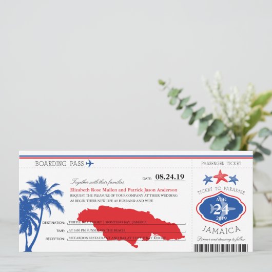 Jamaica Blue/Red Palm Tree Starfish Boarding Pass Einladung (Stehend Vorderseite)