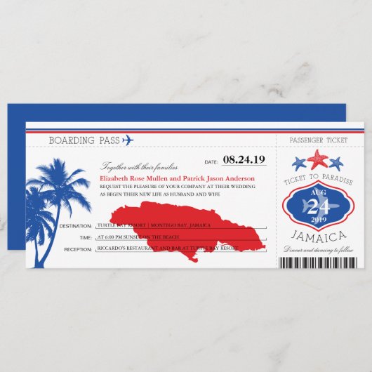 Jamaica Blue/Red Palm Tree Starfish Boarding Pass Einladung (Vorne/Hinten)