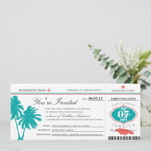 JAMAICA Boarding Pass Geburtstag Einladung (Stehend Vorderseite)