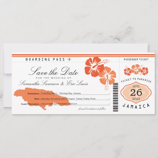 Jamaica Boarding Pass Wedding Save the Date (Vorderseite)