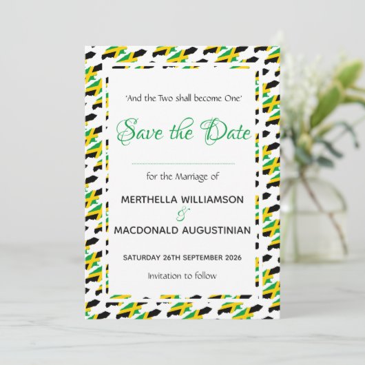 JAMAICA Custom Celebration Scripture Wedding Save The Date (Stehend Vorderseite)