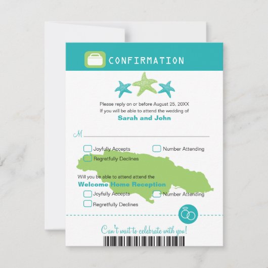 Jamaica Wedding RSVP Confirmation Boarding Pass Karte (Vorderseite)