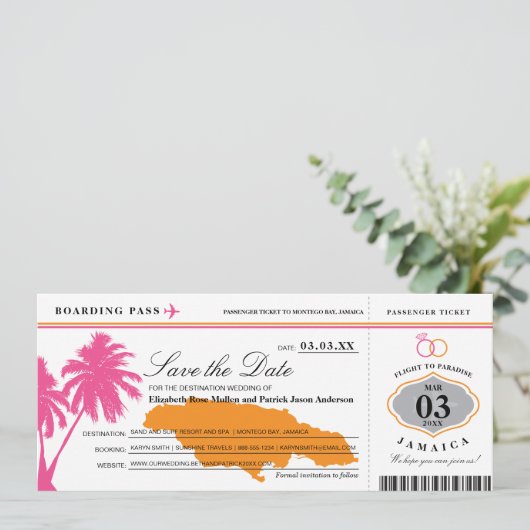Jamaika Boarding Pass Pink & Orange Save the Date (Stehend Vorderseite)