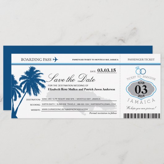 Jamaika-Boarding-Pass Save the Date (Vorne/Hinten)