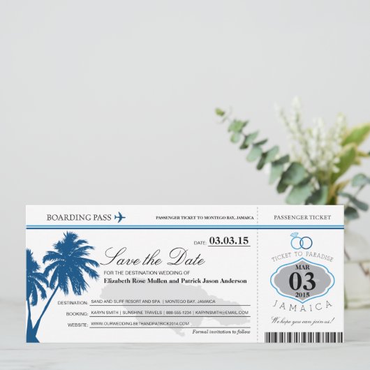 Jamaika-Boarding-Pass Save the Date (Stehend Vorderseite)
