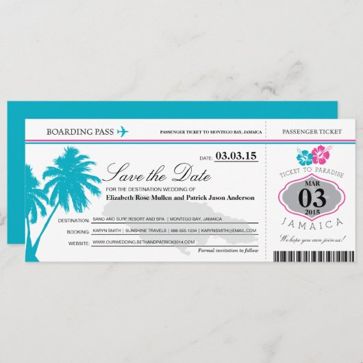 Jamaika-Boarding-Pass Save the Date (Vorne/Hinten)