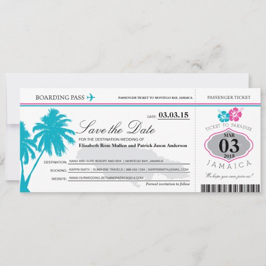 Jamaika-Boarding-Pass Save the Date (Vorderseite)