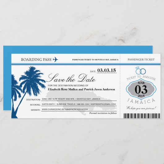 Jamaika-Boarding-Pass Save the Date (Vorne/Hinten)