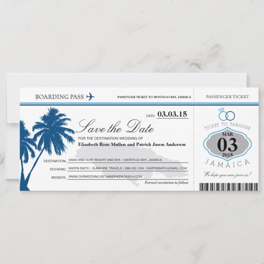 Jamaika-Boarding-Pass Save the Date (Vorderseite)