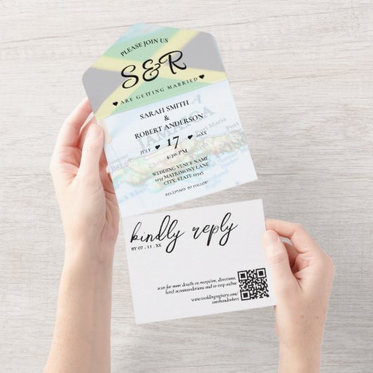 Jamaika-Insel Jamaikanische Flagge Hochzeit in Url All In One Einladung (Abreißen)