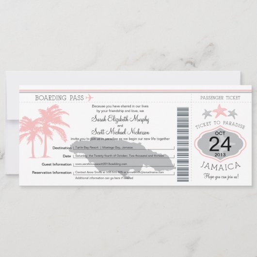 Jamaika Rosa Grau Boarding Pass Hochzeit Einladung (Vorderseite)