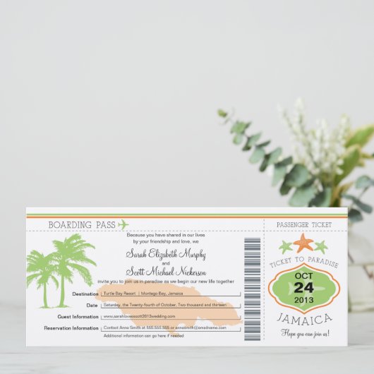 Jamaika Save the Date Boarding Pass (Stehend Vorderseite)