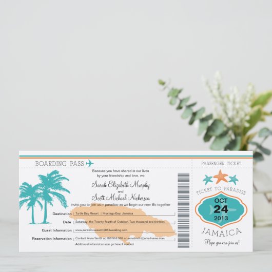 Jamaika Save the Date Boarding Pass (Stehend Vorderseite)