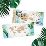 Jamaika Save the Date Boarding Pass Beach Tropical Einladung<br><div class="desc">Dominikanische Republik Punta Cana Destination Beach Wedding Boarding Pass Ticket Gold Flugzeug Save the Date mit Herz und Flugzeug Ikone mit tropischen Blätter</div>