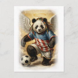 Jamaikanischer Panda spielt Fußball im Himmel auf Feiertagspostkarte