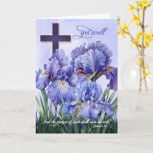 James 5 Religious Cross und Lila Iris werden gut Karte (Gelbe Blume)